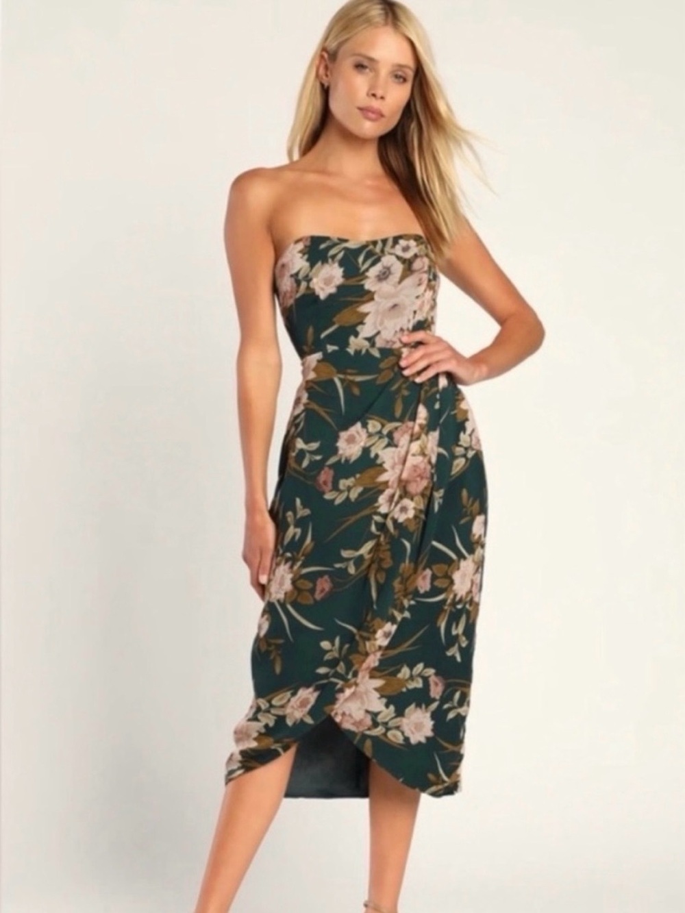 Lulu's Teal Floral Wrap Midi Dress with Pink Blooms